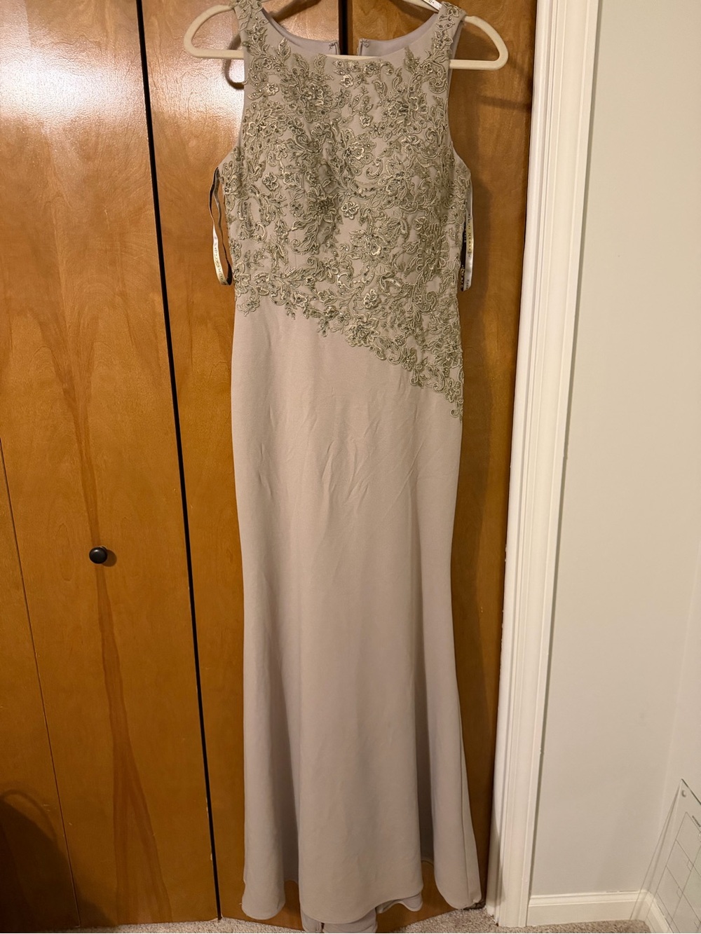 Rina diMontella Taupe Beaded Lace Maxi Dress